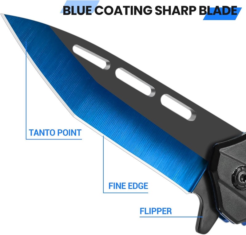 FUNBRO Cool Pocket Knife for Men, Camping Knife with 3.4” Stainless Steel Blade, EDC Folding Knives with Clip for Outdoor Hiking, Gifts for Dad Him Husband (Blue) - Image 2